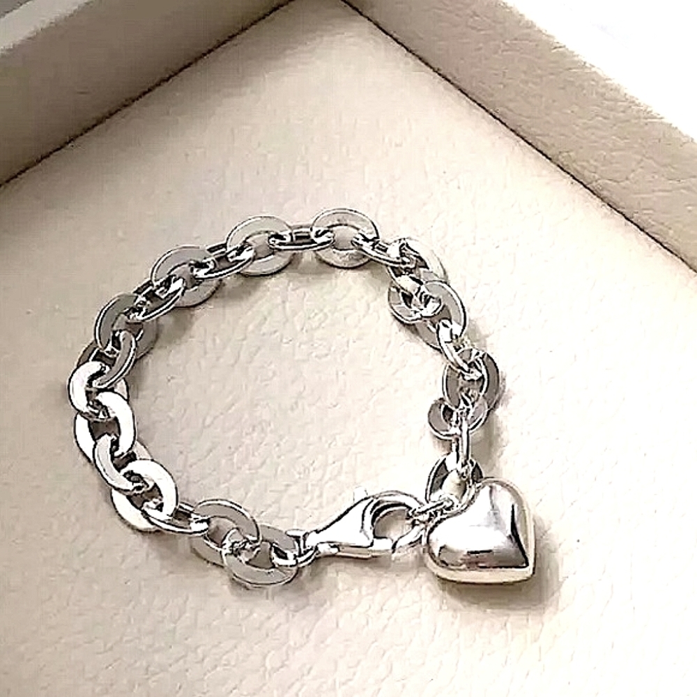 Sterling Silver Heart Charm Chain Link Bracelet